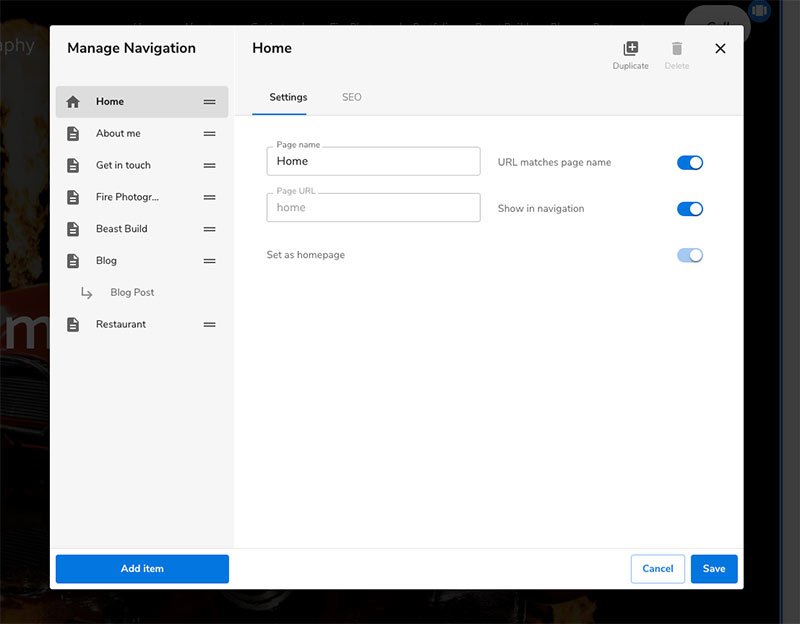 Constant Contact website builder navigation and menu options